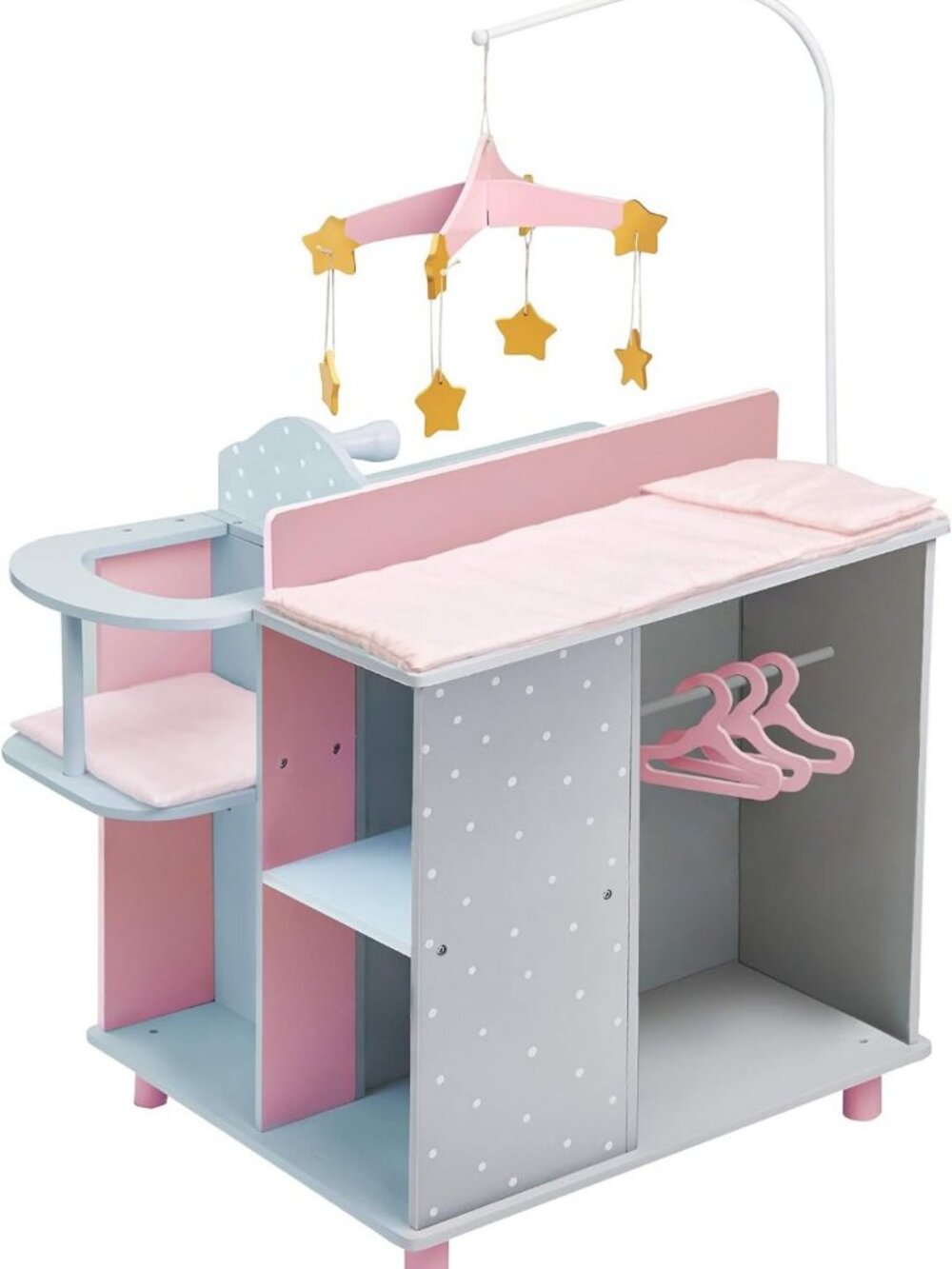 6-in-1 Wooden Baby Doll Changing Station with Crib, High Chair, Closet & Sink
